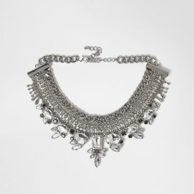 Silver tone embellished pave choker necklace